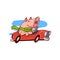 Smiling pig riding red car. Cute humanized animal. Funny cartoon character. Vector design