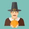 Smiling pilgrim man holding pumpkin. Thanksgiving Day. Flat style.