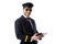 smiling pilot in uniform and sunglasses wit passport and ticket