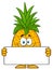 Smiling Pineapple Fruit With Green Leafs Cartoon Mascot Character Holding A Blank Sign