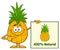 Smiling Pineapple Fruit With Green Leafs Cartoon Mascot Character Pointing To A 100 Percent Natural Sign.