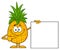 Smiling Pineapple Fruit With Green Leafs Cartoon Mascot Character Pointing To A Blank Sign