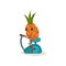 Smiling pineapple on stationary bicycle. Funny cartoon character with tuft of green leaves. Active lifestyle. Flat