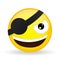 Smiling pirate emoji. Happy emotion. Villain emoticon. Cartoon style. Vector illustration smile icon.