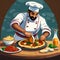 Smiling Pizza Chefs made as cartoons preparing pizza in their pizza kitchens. Cartoon styles