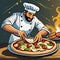 Smiling Pizza Chefs made as cartoons preparing pizza in their pizza kitchens. Cartoon styles