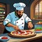 Smiling Pizza Chefs made as cartoons preparing pizza in their pizza kitchens. Cartoon styles