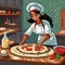 Smiling Pizza Chefs made as cartoons preparing pizza in their pizza kitchens. Cartoon styles