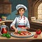 Smiling Pizza Chefs made as cartoons preparing pizza in their pizza kitchens. Cartoon styles