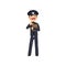 Smiling police officer in blue uniform eating donut, policeman cartoon character vector Illustration on a white
