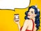 Smiling Pop Art woman with coffee cup. Advertising poster or party invitation with girl with wow face