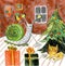 A smiling pretty snail next to the Christmas tree with three gift boxes. Cartoon illustration