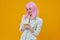 smiling pretty woman pink wig suit phone technology