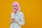 smiling pretty woman pink wig suit phone technology