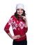 Smiling pretty young woman wearing colorful knitted sweater with christmas ornament and hat. Isolated on white background.