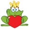 Smiling Princess Frog Cartoon Mascot Character With Crown Holding A Love Heart.