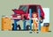 Smiling professional car repair man fixing automobile in auto service center vector concept