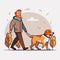 Smiling professional dog walker with dog on leash on a walk in the city. Dog Walking Service. Cartoon vector illustration