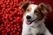 Smiling puppy with red heart background in a charming studio