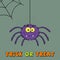 Smiling Purple Halloween Spider Cartoon Character On A Web With Text