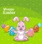 Smiling Rabbit Cartoon Girl with Eggs, Beautiful Bunny, Easter Background