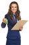 Smiling realtor woman giving with clipboard keys