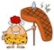 Smiling Red Hair Cave Woman Cartoon Mascot Character Holding A Spear With Big Grilled Steak