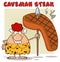 Smiling Red Hair Cave Woman Cartoon Mascot Character Holding A Spear With Big Grilled Steak.