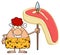 Smiling Red Hair Cave Woman Cartoon Mascot Character Holding A Spear With Big Raw Steak.