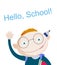 Smiling red hair school boy holding above and showing notebook with greeting phrase hello school. Free space above for a specific