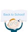 Smiling red hair school boy showing notebook with greeting phrase back to school