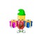 A smiling red yellow capsules cartoon design having Christmas gifts