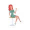 Smiling redhead drunk young woman cartoon character, girl sitting on bar stool with glass of alcoholic drink vector