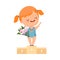 Smiling Redhead Girl Standing on Victory Stand with Hanging Gold Medal on Her Neck and Bunch of Flowers Vector