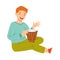 Smiling Redhead Teen Boy Sitting and Playing Drum Performing Vector Illustration