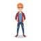 Smiling redheaded guy student in glasses, checkered shirt and ripped jeans cartoon character vector Illustration