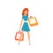 Smiling redheaded woman with shopping bags, girl purchasing of goods and gifts vector Illustration