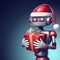Smiling retro robot in Santa hat holding a Christmas gift over blue background with copy space. Generative AI illustration