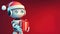Smiling robot in Santa hat holding a present box with both hands over dark red backgrund with copy space. Delivery bot Christmas