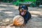 Smiling rottweiler dog with basketball