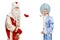 Smiling Russian Santa Claus and Snow Maiden in suits are holding an empty poster. New Year`s and Christmas. Isolated on a white