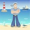 Smiling sailor on the coast with sea on the background and the lighthouse. Vector illustration.