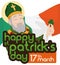 Smiling Saint Patrick Holding a Clover over Waving Flag of Ireland, Vector Illustration