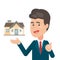 Smiling Salesperson showing a house, estate and Home for sale concept, Vector character illustration.