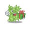 Smiling salmonella enterica cartoon character having a green gift box