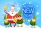 Smiling Santa Claus And Christmas Elf Group With Holiday Present Happy New Year