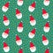 Smiling Santa faces in red hats on green confetti seamless Christmas pattern