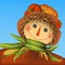Smiling scarecrow. Apples and pumpkin on the hat top. Corn leaves scarf with straw. Vector illustration.