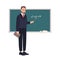 Smiling school mathematics teacher or university professor standing beside chalkboard and demonstrating equation. Happy