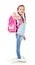 Smiling schoolgirl with backpack saying good bye